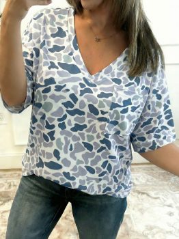 Gray Camouflage Print Single Chest Pocket V Neck Tee