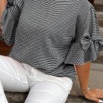 Black Plus Size Plaid Bow Decor Bell Sleeve Round Neck Jumper