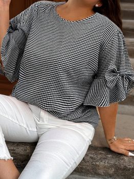 Black Plus Size Plaid Bow Decor Bell Sleeve Round Neck Jumper