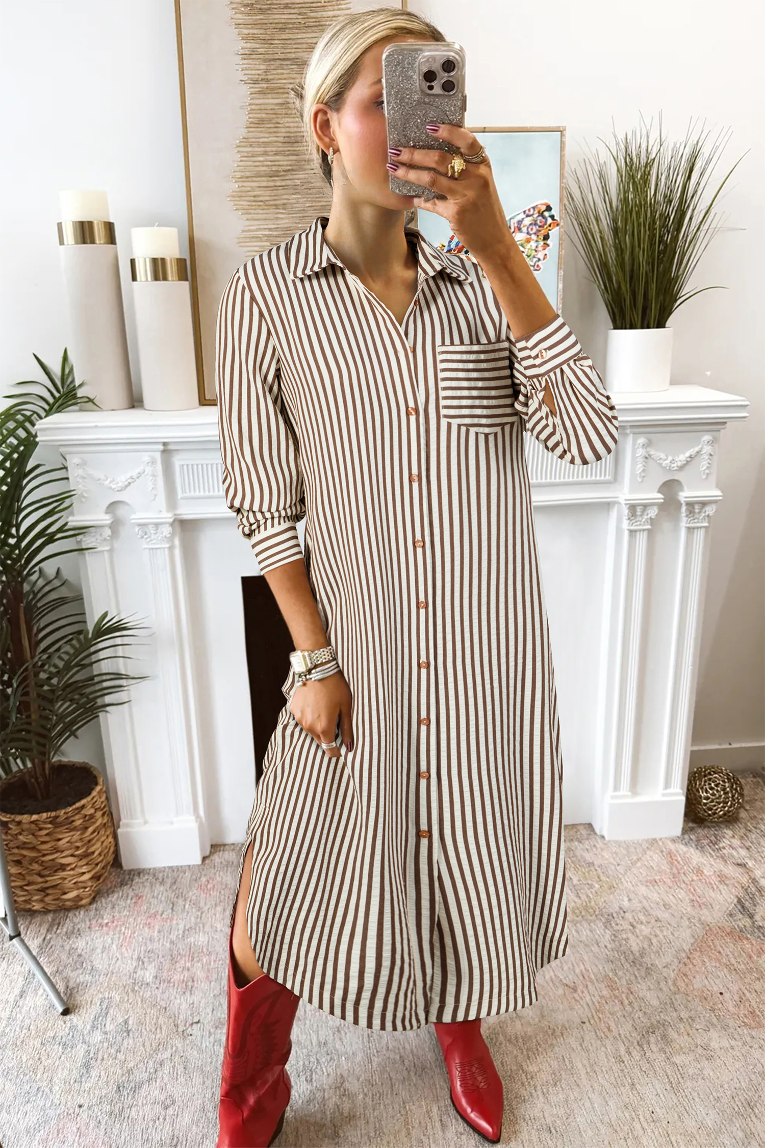 Brown Stripe Textured 3/4 Sleeve Round Hem Split Midi Shirt Dress - Image 3