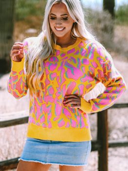 Vitality Orange Abstract Print Ribbed Trim Baggy Sweater