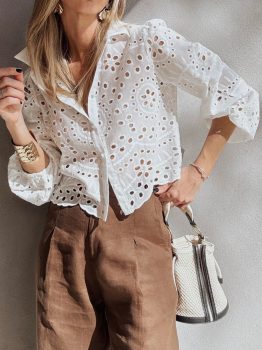 White Eyelet Embroidered Puff Sleeve Crop Shirt