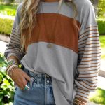 Gray Colorblock Striped Bishop Sleeve Top