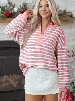 Pink Stripe Buttoned V Neck Collared Drop Shoulder Top