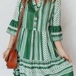 Green Boho Ethnic Print Half Button 3/4 Sleeve Casual Dress