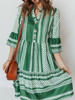 Green Boho Ethnic Print Half Button 3/4 Sleeve Casual Dress