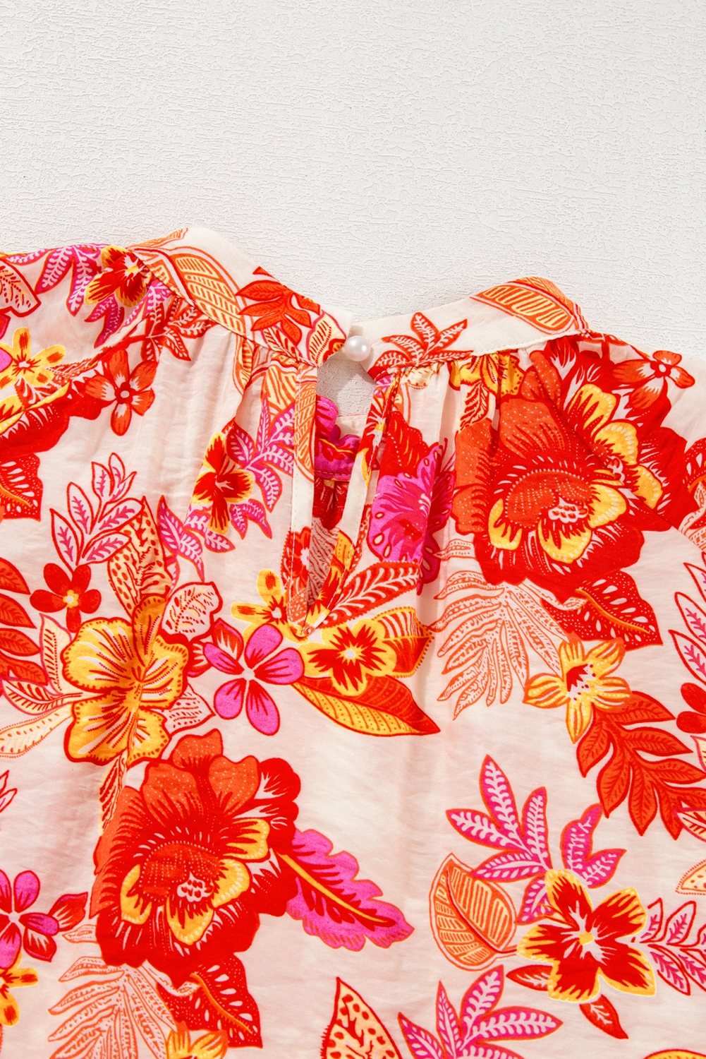 Orange Floral Print Pearl Button Keyhole Long Puff Sleeve Blouse - Image 7