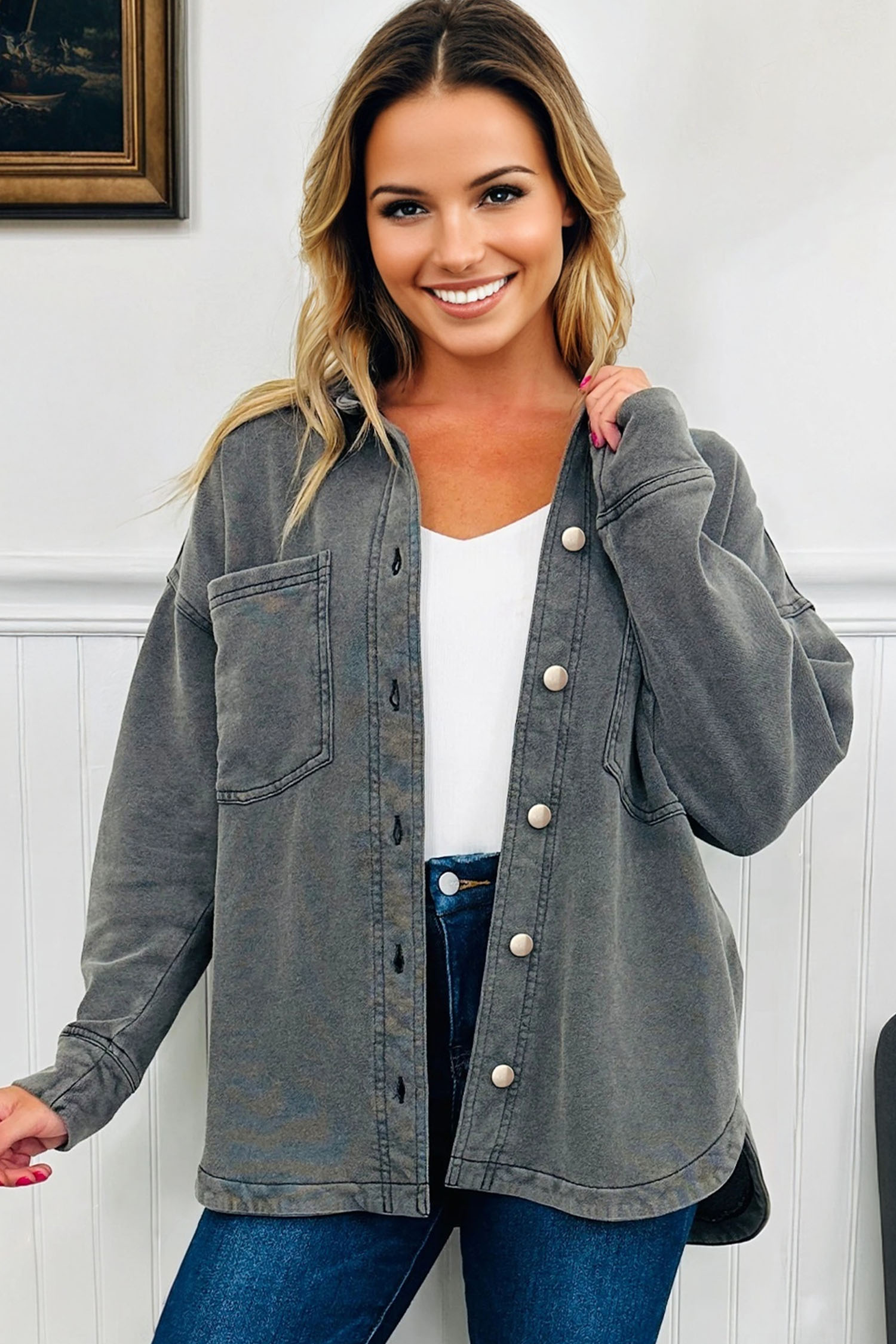 Medium Grey Mineral Wash Chest Pockets Drop Shoulder Shacket with Side Slit - Image 3