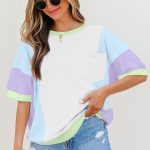 White Color Block Patchwork Half Sleeve Oversized T Shirt