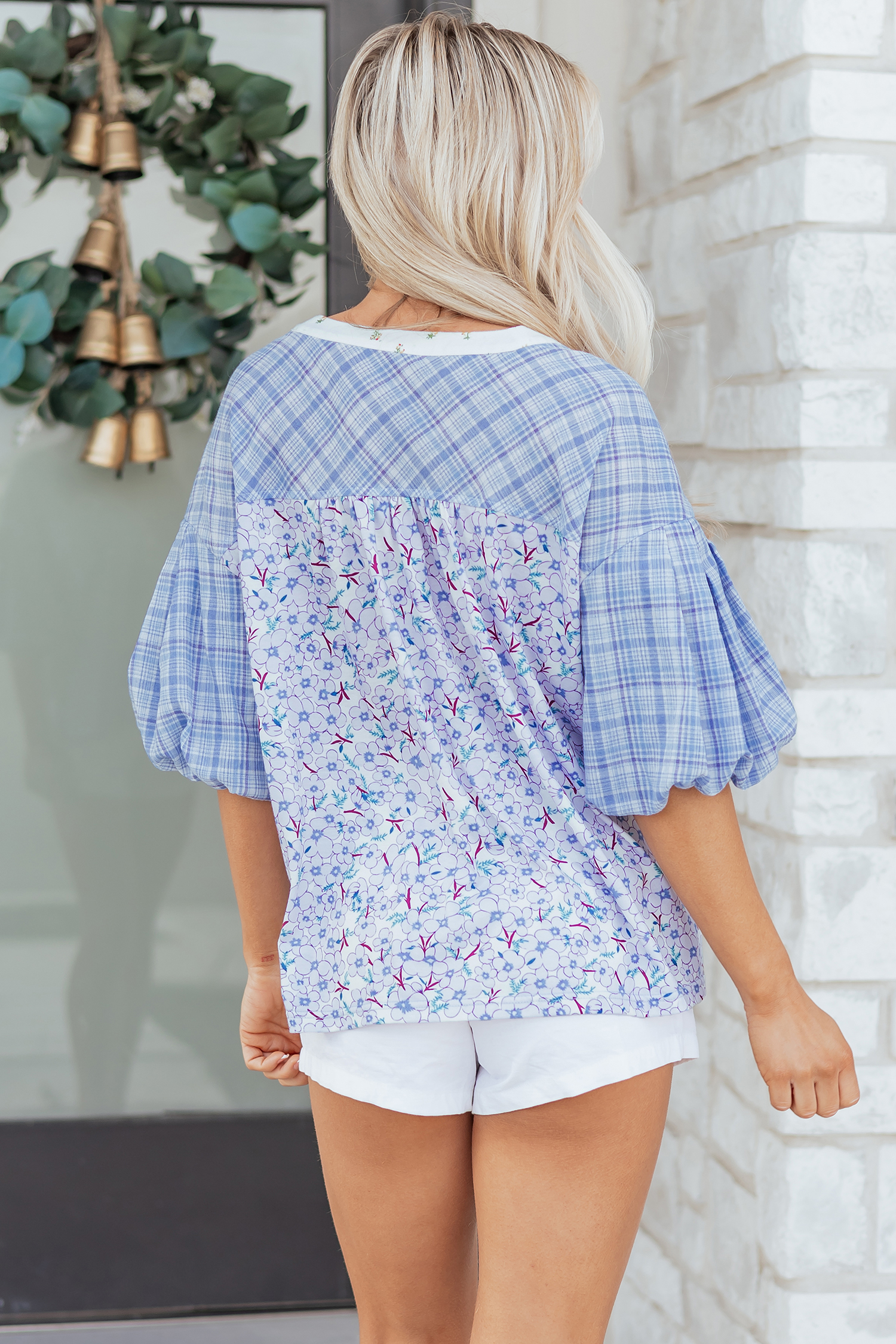 Beau Blue Color Block Plaid Bubble Sleeve Patchwork Blouse - Image 2