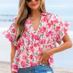 Pink Floral Boxy Fit Ruffled Short Sleeve V Neck Blouse