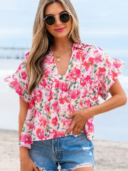 Pink Floral Boxy Fit Ruffled Short Sleeve V Neck Blouse