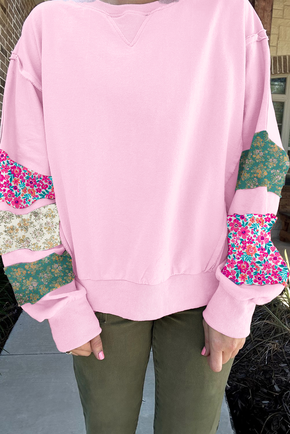 Pink Plus Size Mix Floral Patched Sleeve Ribbed Trim Baggy Sweatshirt - Image 8