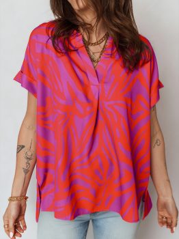 Multicolour Abstract Print V Neck Cuffed Short Sleeve Shift Slit Blouse