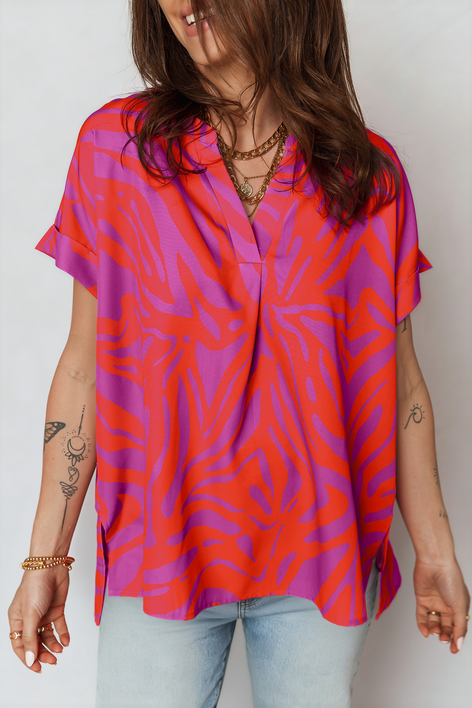 Multicolour Abstract Print V Neck Cuffed Short Sleeve Shift Slit Blouse