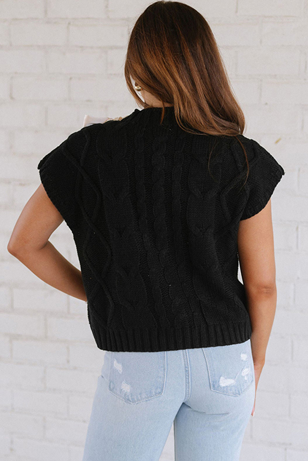 Black Cable Knit Colorblock Satin Bowknot Short Sleeve Sweater - Image 2