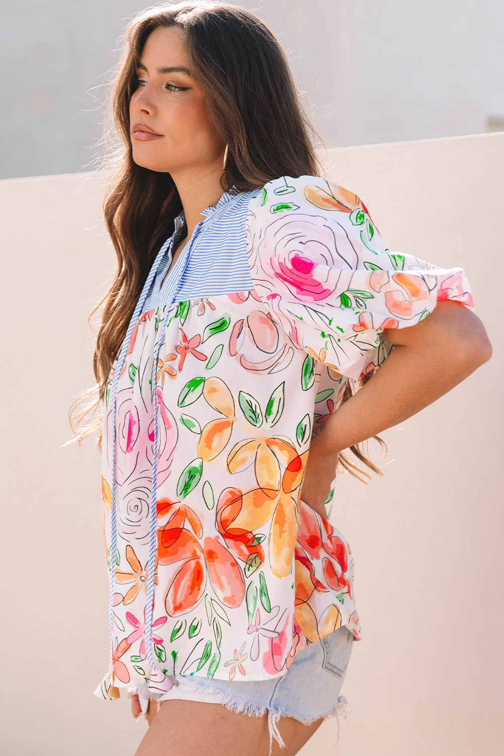 Multicolour Floral Print Striped Yoke Frilled V Neck Puff Short Sleeve Blouse - Image 3