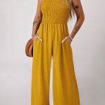 Ginger Smocked Sleeveless Wide Leg Jumpsuit with Pockets