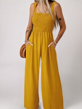 Ginger Smocked Sleeveless Wide Leg Jumpsuit with Pockets