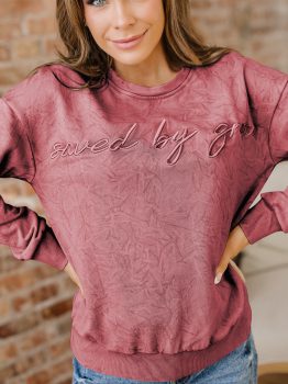 Mineral Red saved by grace Letter Embroidery Mineral Wash Loose Sweatshirt
