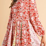 Red Colorful Floral Patchwork Long Sleeve Pleated Mini Dress