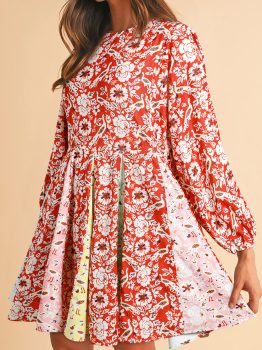 Red Colorful Floral Patchwork Long Sleeve Pleated Mini Dress