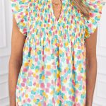 Green Shirred Yoke Ruffled Abstract Printed Blouse