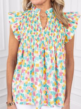 Green Shirred Yoke Ruffled Abstract Printed Blouse