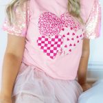 Light Pink Three Sweet Hearts Printed Sequin Trim Contrast Sleeve Patchwork Tee