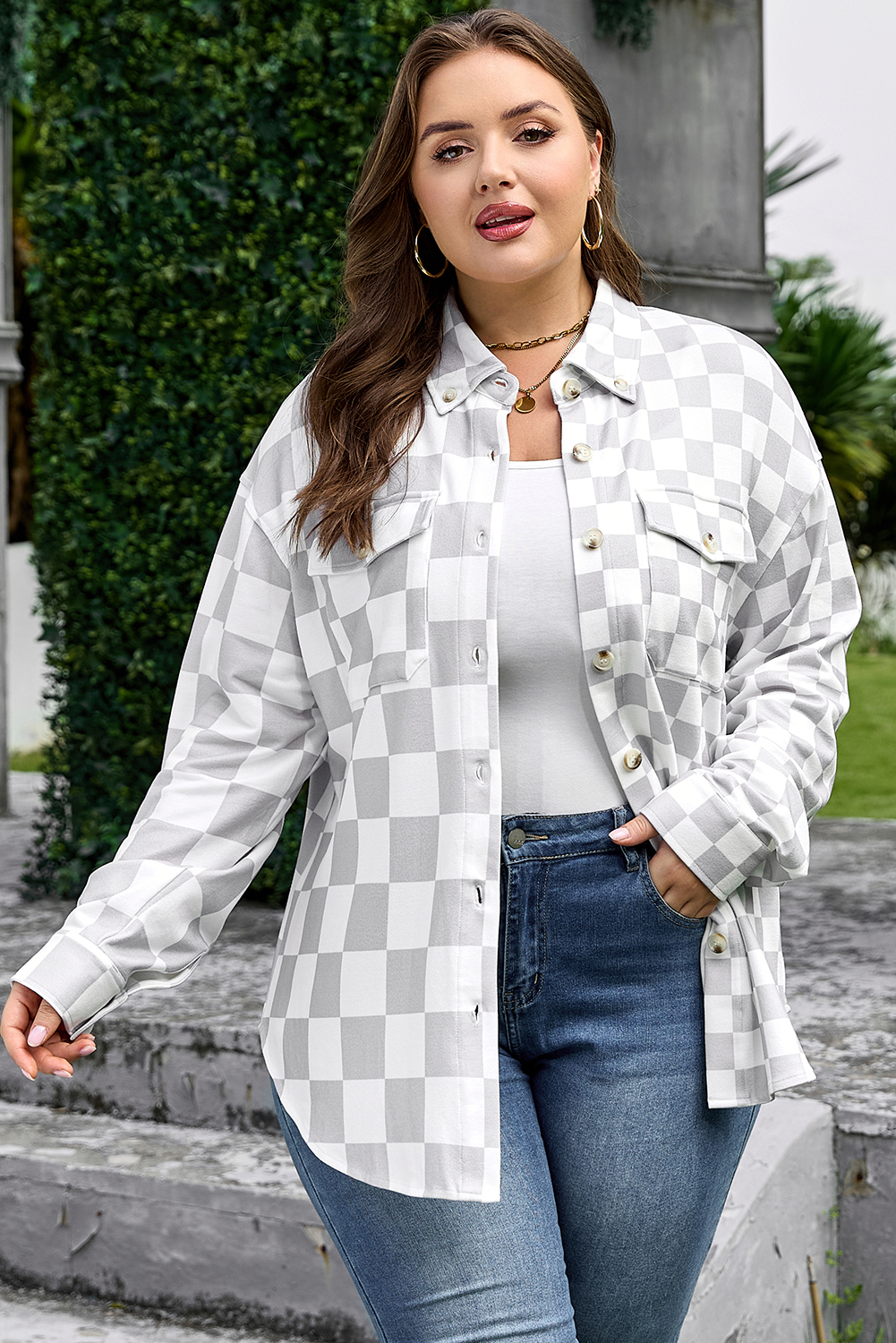 Khaki Plus Size Checkered Buttoned Down Casual Western Jacket - Image 7