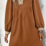 Chestnut Textured Contrast Striped Split Neck Long Sleeve Shift Mini Dress