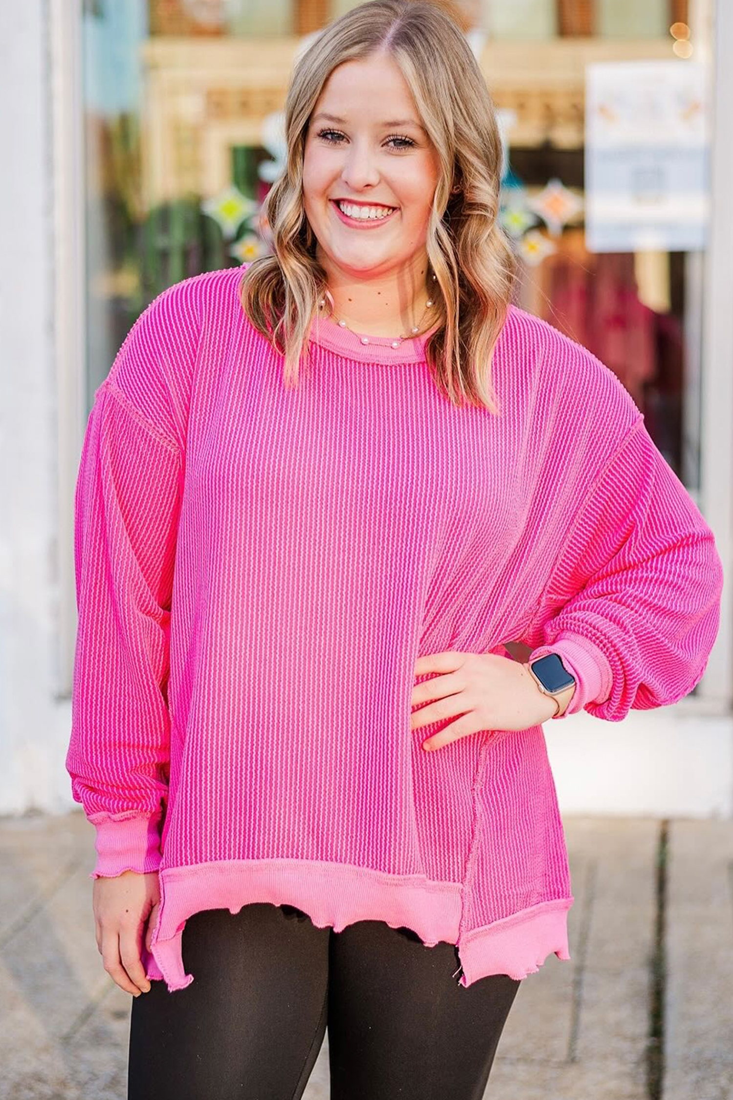 Rose Red Drop Shoulder Uneven Hem Plus Size Twisted Rib Top - Image 2