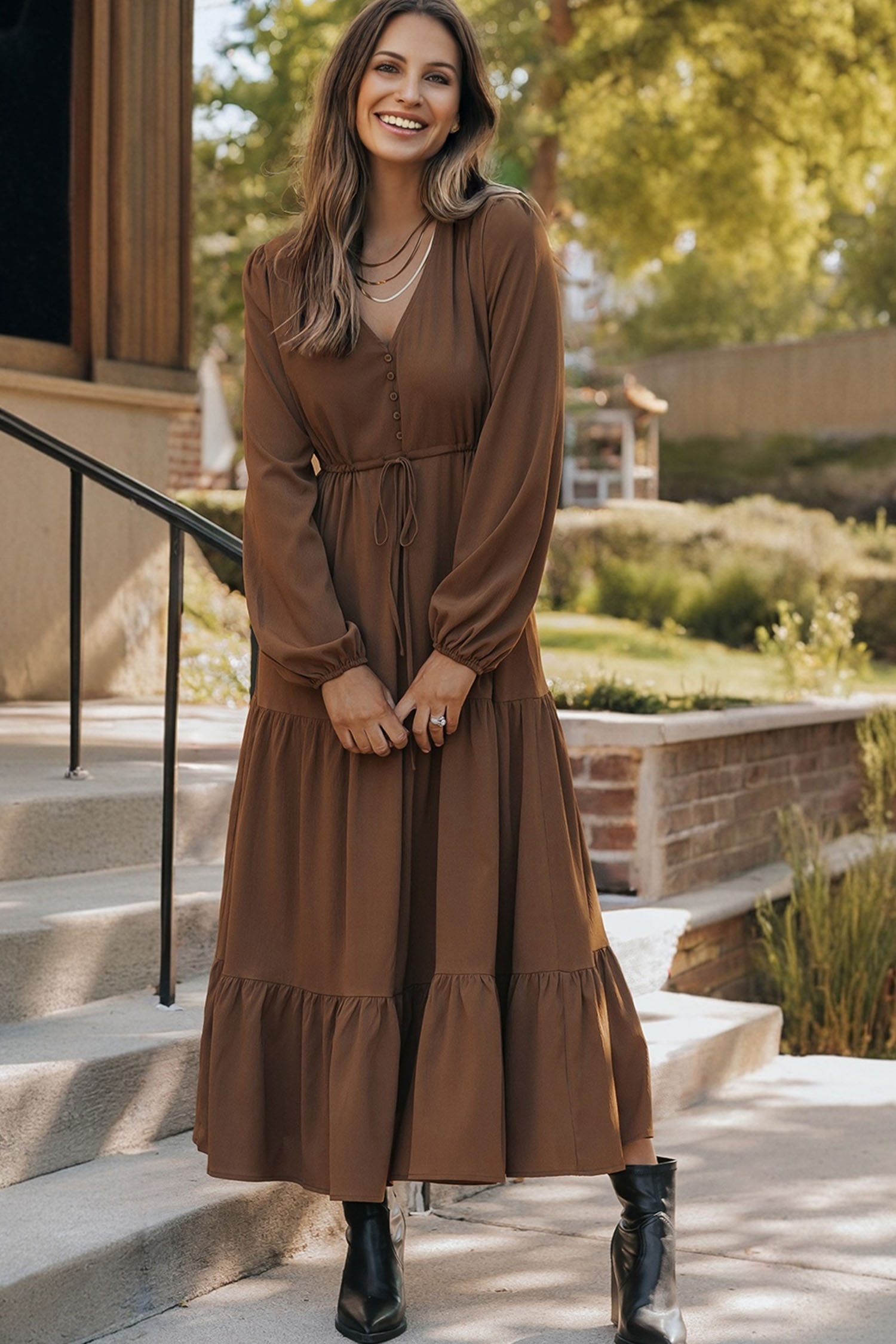 Chestnut Solid Long Sleeve Button V Neck Tiered Maxi Dress - Image 3