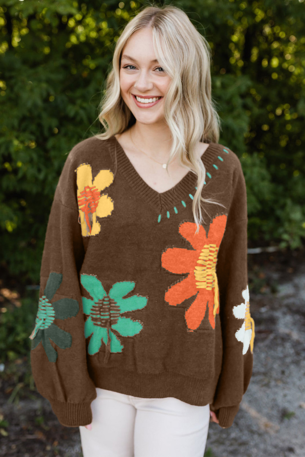 Coffee Big Flower Pattern V Neck Drop Shoulder Sweater - Image 5
