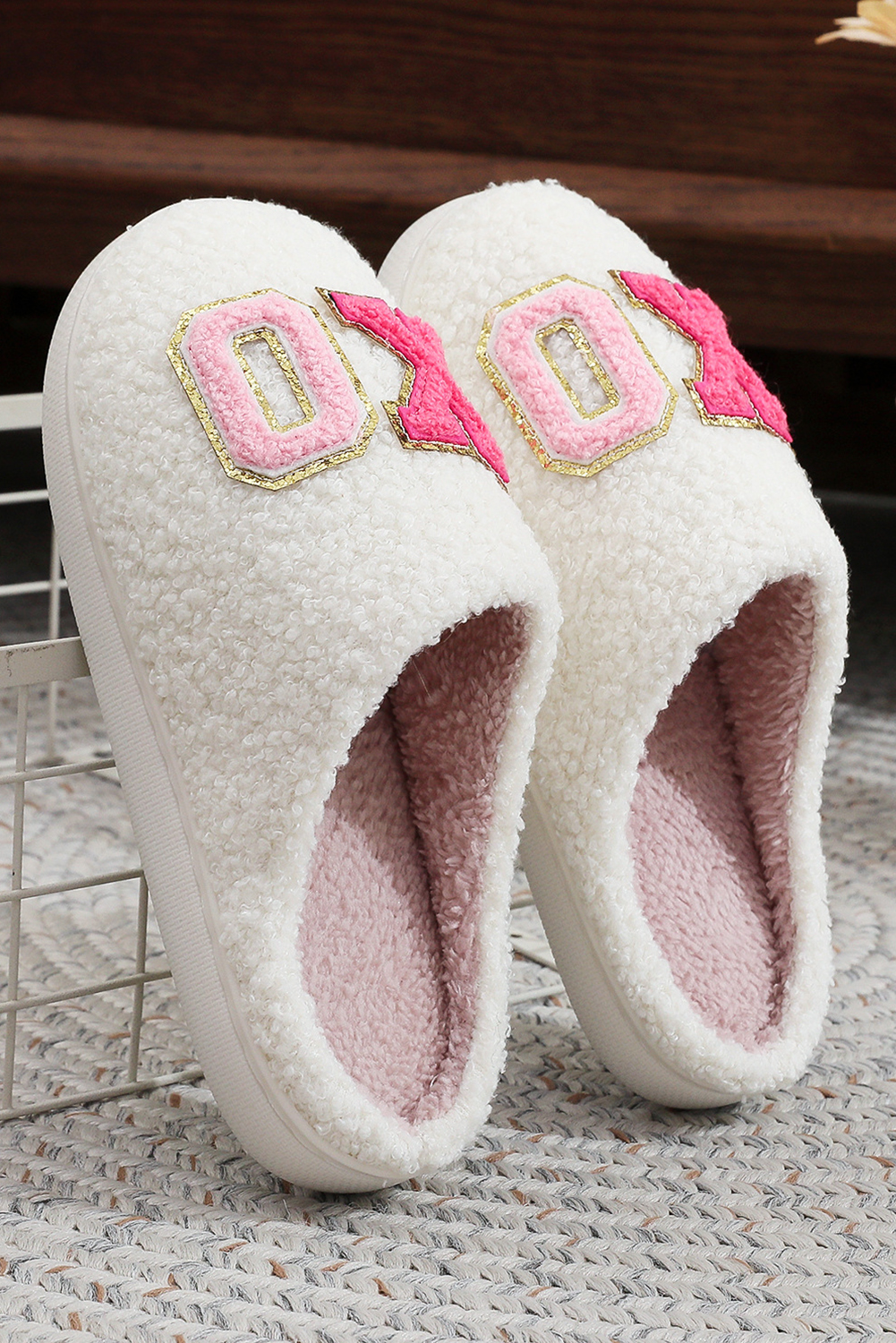 White XO XO Glitter Trim Letter Patched Plush House Slippers - Image 2