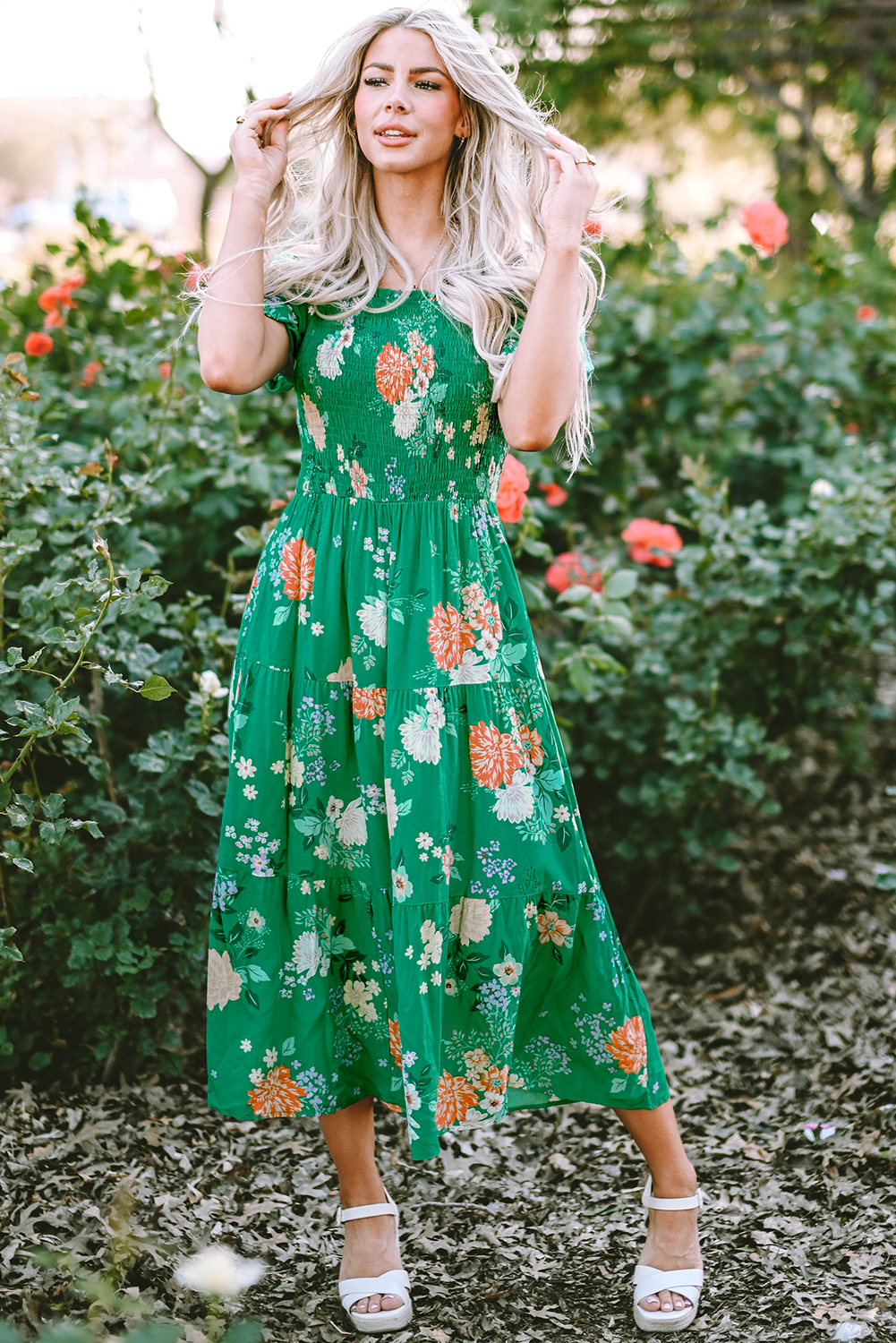 Green Floral Print Bubble Sleeve Smocked Tiered Midi Dress - Image 7