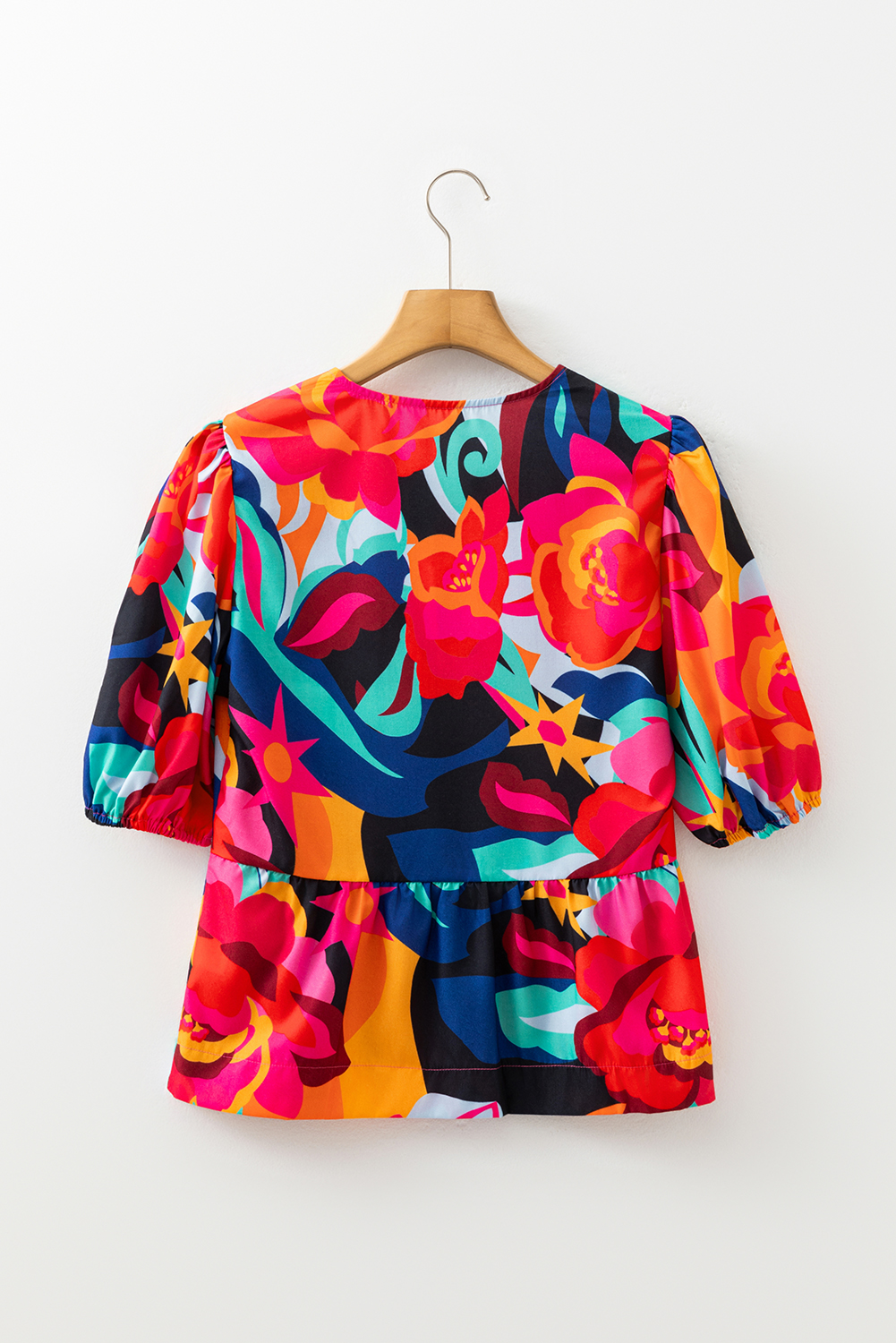 Red Abstract Floral Print Front Tied Puff Sleeve Babydoll Blouse - Image 7
