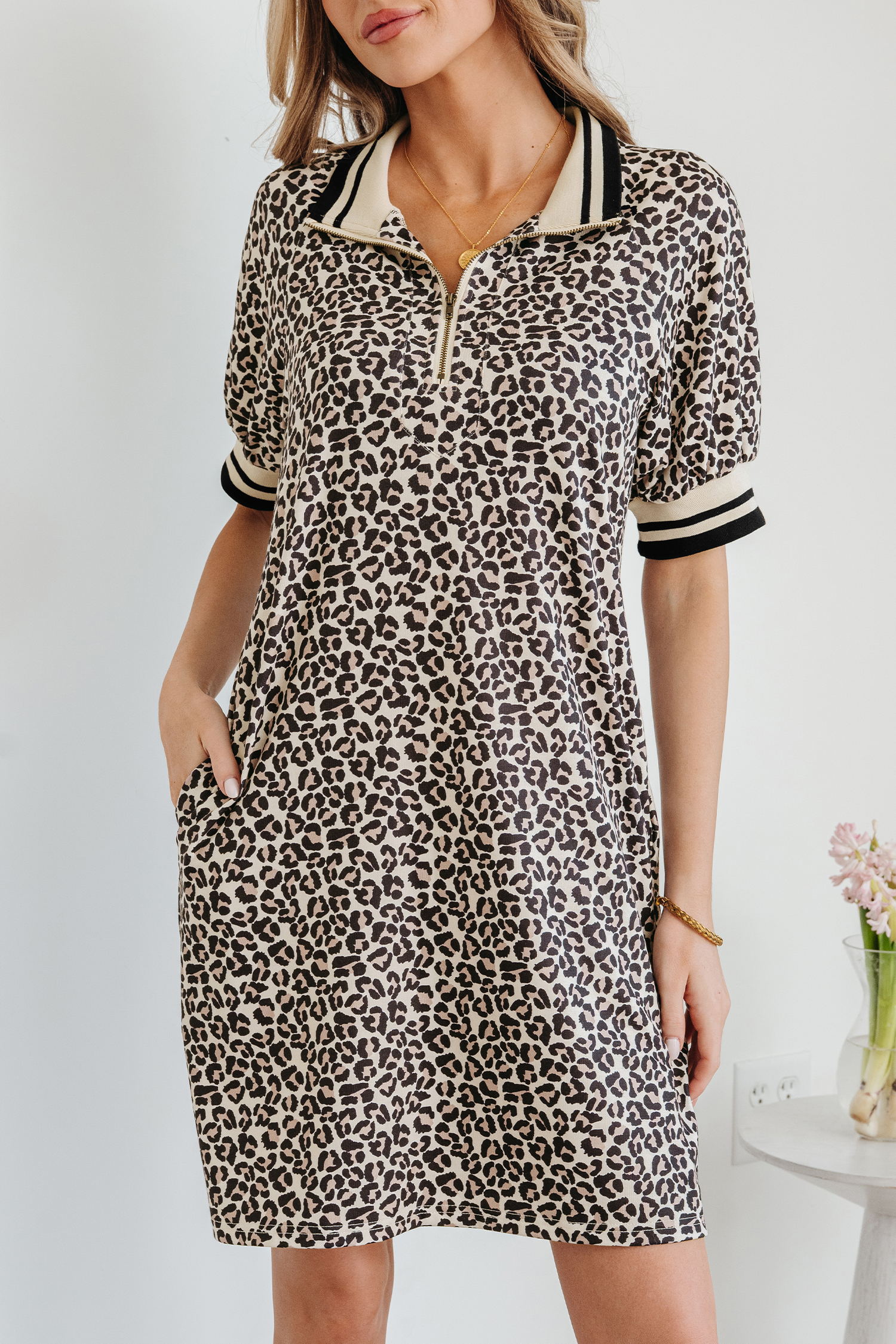 Khaki Leopard Print Zip Neck Striped Webbing Patchwork T Shirt Mini Dress - Image 8