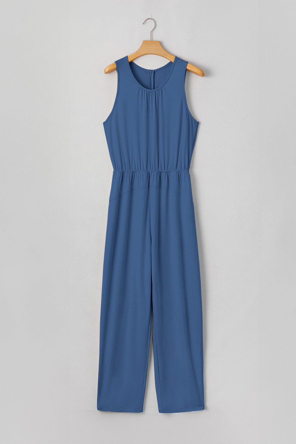Sail Blue Solid Color Pleated Detail Elastic Waist Sleeveless Jumpsuit - Image 8