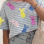Sky Blue Stripe Sequin Easter Bunny Patched Drop Shoulder Tee