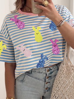 Sky Blue Stripe Sequin Easter Bunny Patched Drop Shoulder Tee
