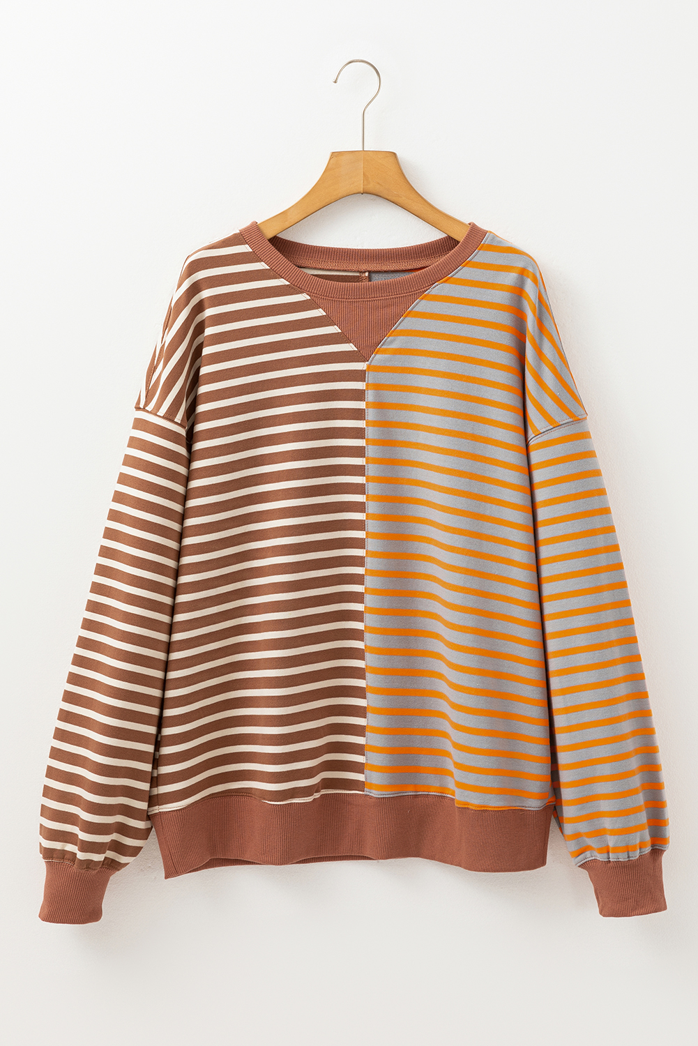 Brown Stripe Casual Stripe Colorblock Drop Shoulder Oversize Sweatshirt - Image 4