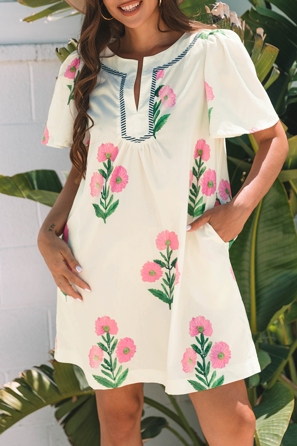 Apricot Floral Short Sleeve Split Neck Loose Mini Dress - Image 8