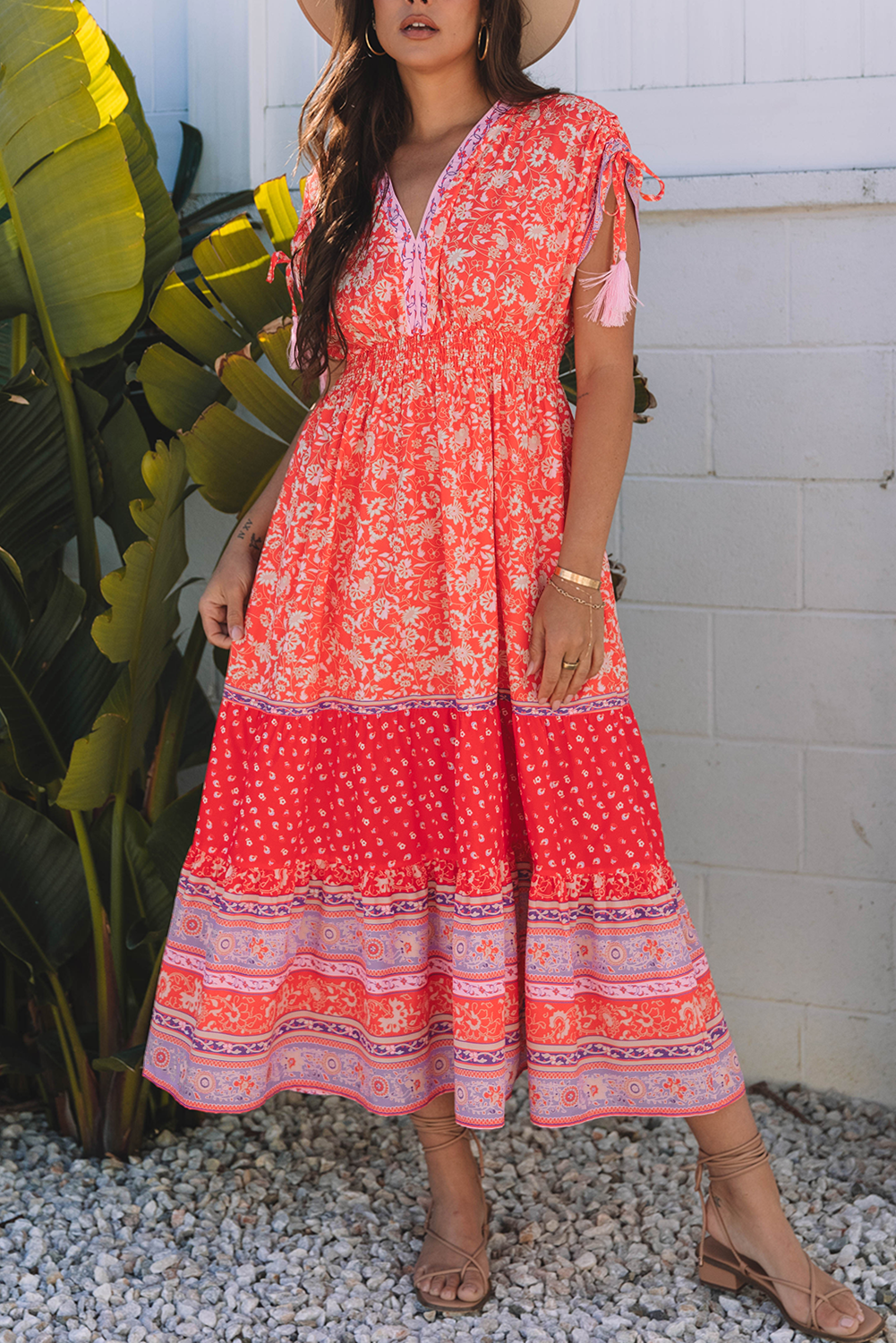 Red Floral Print Tasseled Tied Sleeve Empire Waist Maxi Dress - Image 5