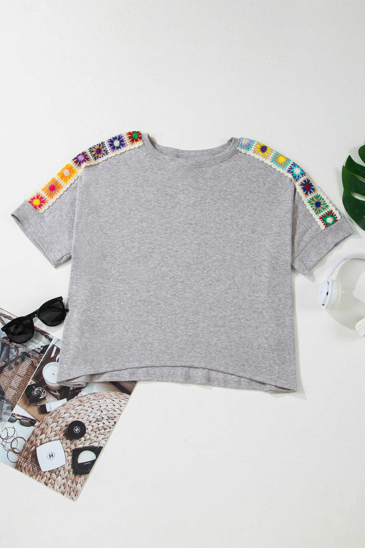 Light Grey Granny Square Crochet Detail Loose T Shirt - Image 5