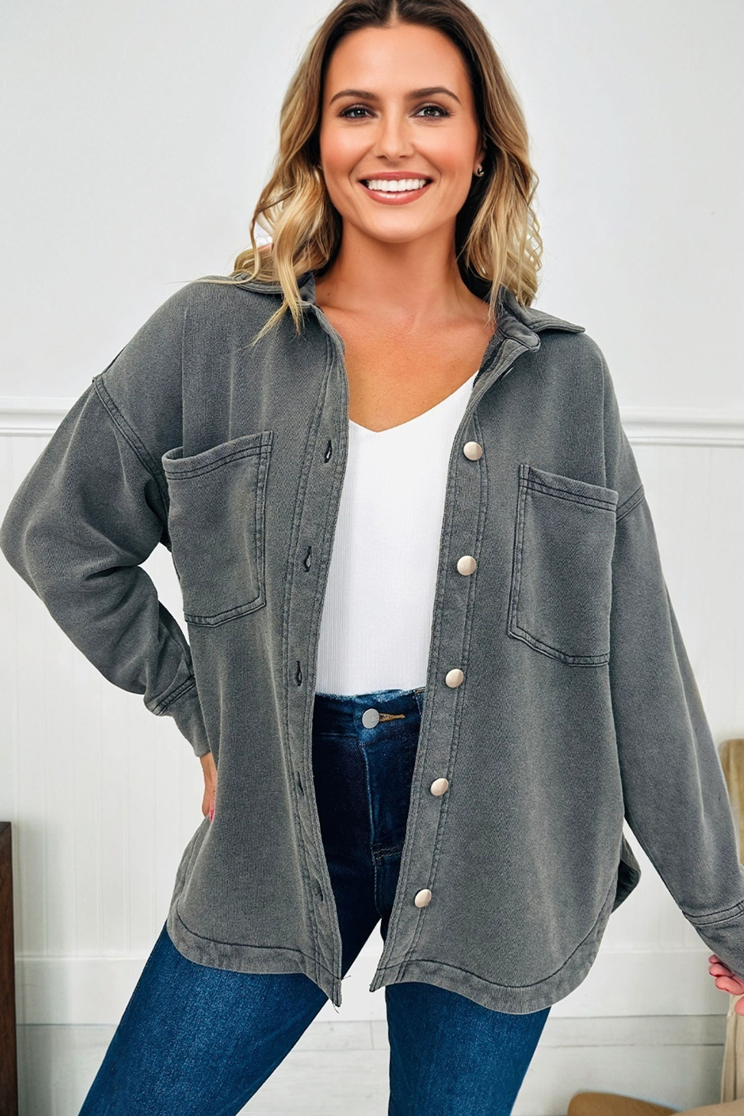 Medium Grey Mineral Wash Chest Pockets Drop Shoulder Shacket with Side Slit - Image 5