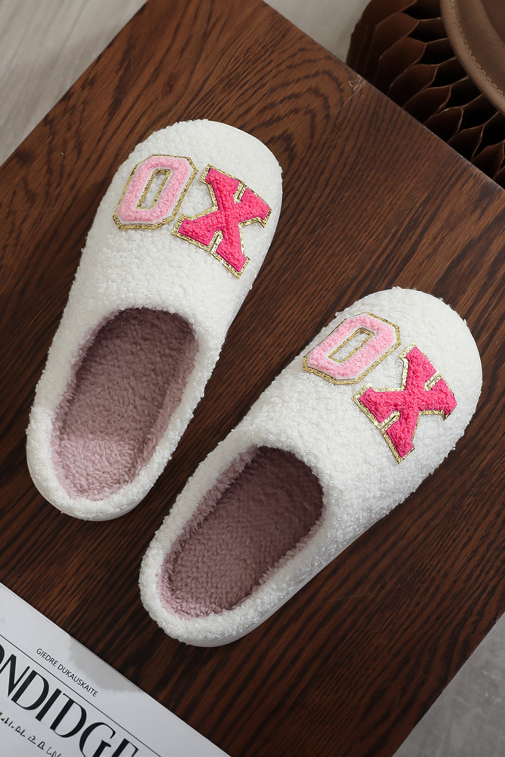 White XO XO Glitter Trim Letter Patched Plush House Slippers - Image 4
