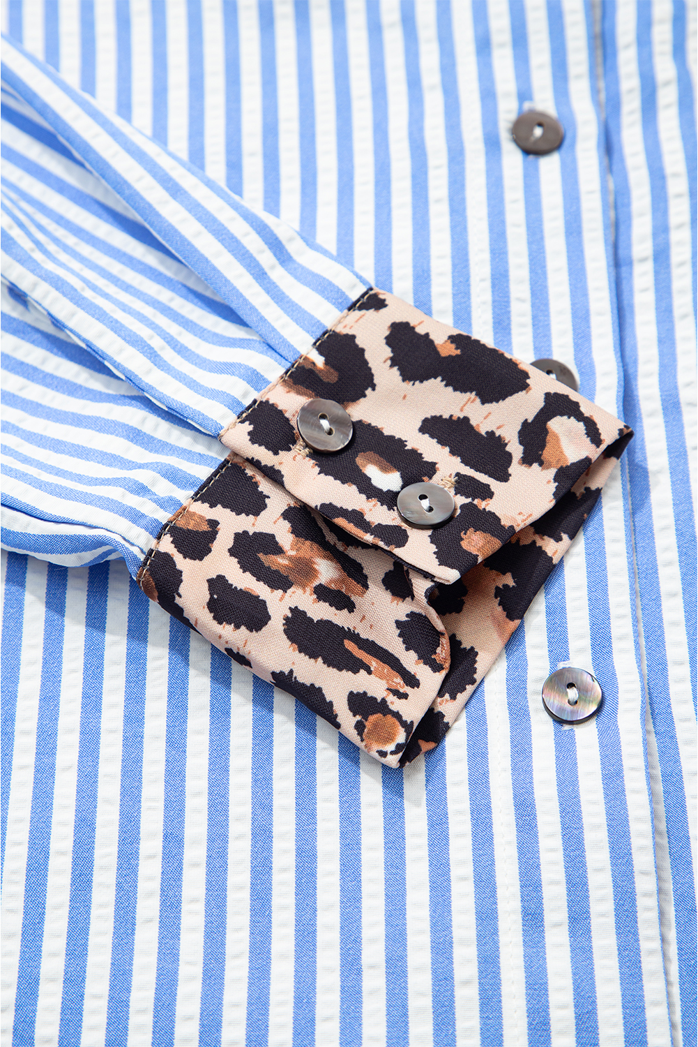 Sky Blue Striped Leopard Print Patchwork Button Up Womens Shirt - Image 6