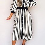 Black Stripe 3/4 Puff Sleeve Shirt Style Button Down Midi Dress