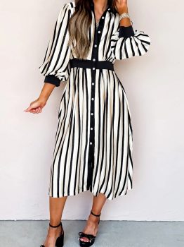 Black Stripe 3/4 Puff Sleeve Shirt Style Button Down Midi Dress